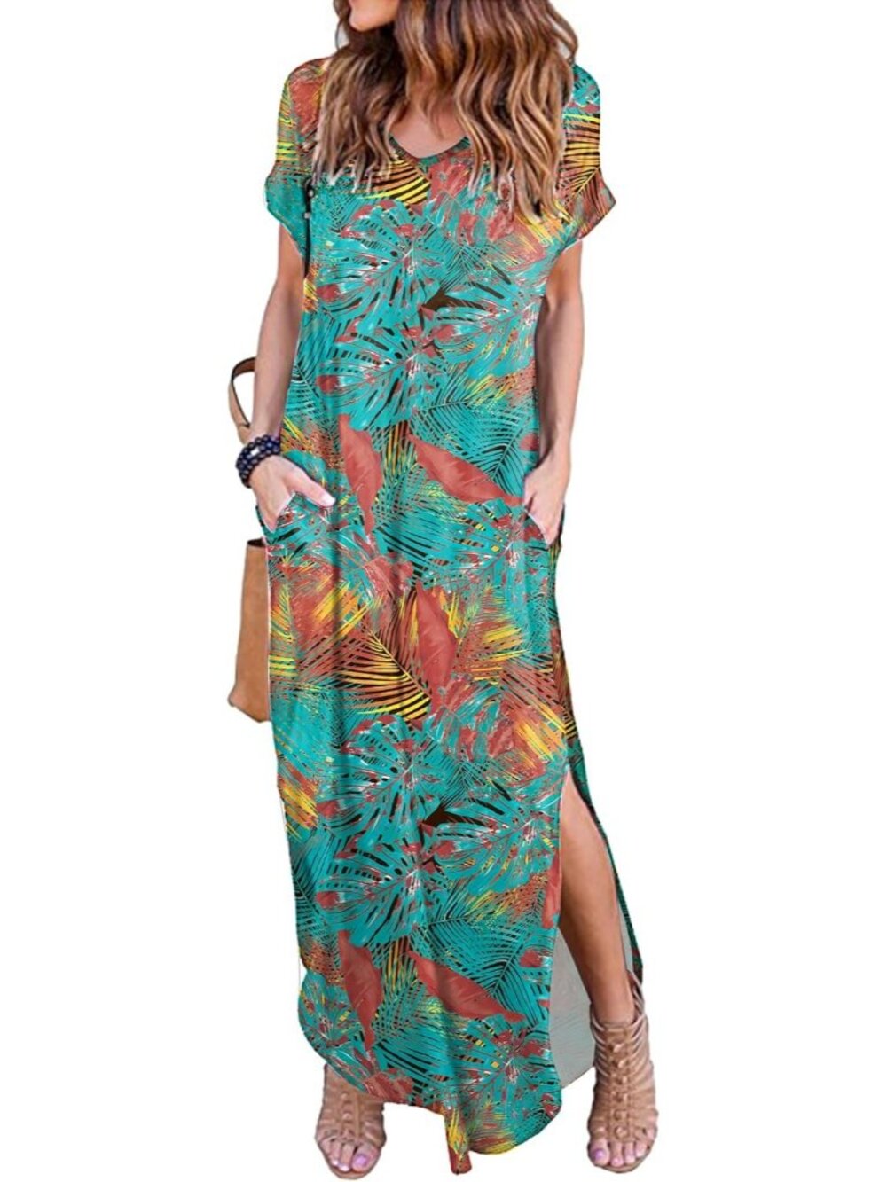Women Orange Blue Summer Maxi Long Dress Casual Loose Short Sleeve Split Pockets